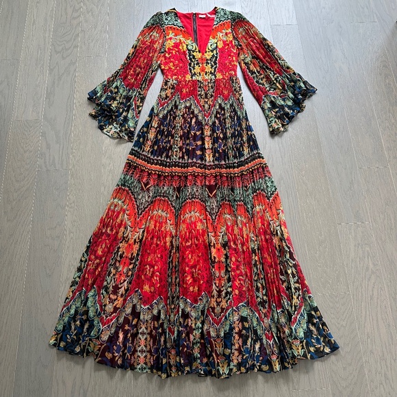 Alice + Olivia Bennet Pleated Maxi Dress Love Note Red Smocked Waist - Size 2 - Picture 2 of 10